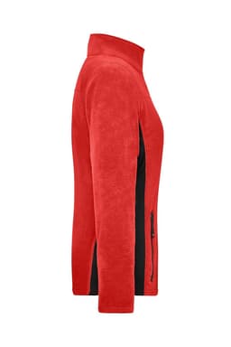 A red and black fleece jacket with a zippered front and side pockets. It features a collar and a logo.