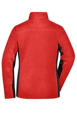 A red polar fleece jacket with black accents, featuring a high collar and a back view design.