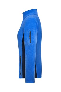 A ladies polar fleece jacket in a vibrant blue colour, featuring zip pockets and a full zip front.