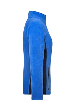 A blue polar fleece jacket featuring a high collar and zippered side pockets, with a contrasting black design.