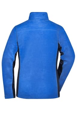 A blue and black polar fleece jacket with a high collar, featuring a logo on the back.