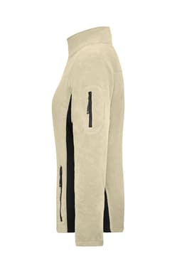 A ladies workwear fleece jacket in beige with black accents, featuring zippered pockets and a high collar.