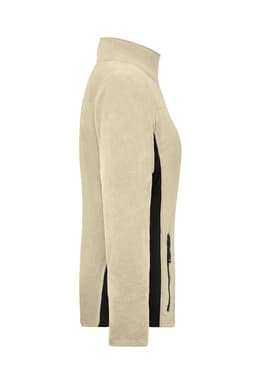 A polar fleece jacket in beige with black side panels, featuring a high collar and zippered pockets.