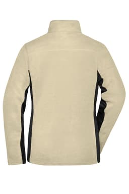 A polar fleece jacket in beige with black side panels, featuring a high collar and long sleeves.