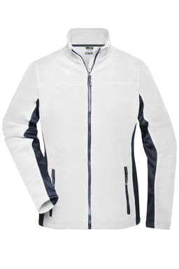 A polar fleece jacket in white with navy accents, featuring a zip front and side pockets. It has a logo.
