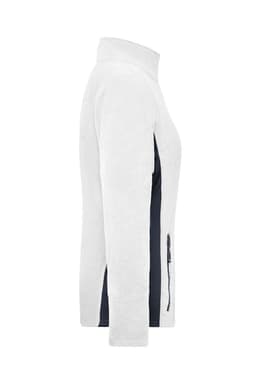 A polar fleece jacket in white with navy side panels, featuring a high collar and a logo.