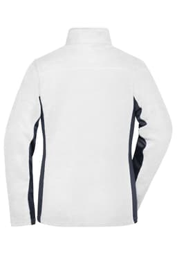 A white and navy polar fleece jacket featuring a high collar and a sleek design at the back, with a logo.