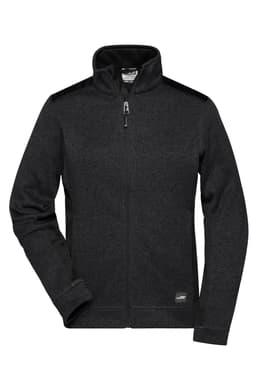 A black knitted fleece jacket with a zip front, high collar, and logo on the lower side.