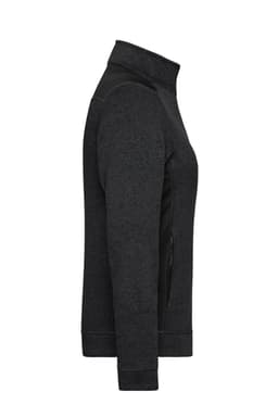 A ladies' knitted workwear fleece jacket in dark grey, featuring a zippered front and a collar. It has a logo.