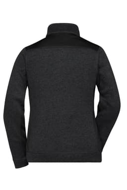A black and grey ladies' knitted workwear fleece jacket with a high collar and a logo on the back.