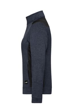 A ladies' knitted workwear fleece jacket in navy blue with black accents and a zippered pocket. Features a logo.