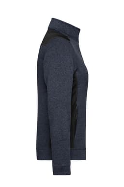 A side view of a ladies’ knitted workwear fleece jacket in dark blue, featuring black accents and a zippered pocket.
