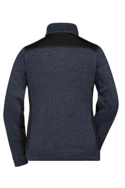 A dark blue polar fleece jacket designed for women, featuring black shoulder panels and a high collar.