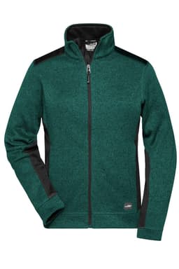 A teal knitted fleece jacket with black accents, featuring a high collar and zippered front. Includes a logo.