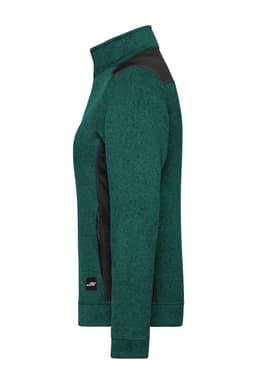 A green knitted fleece jacket with black accents, featuring a high collar and zippered pockets.