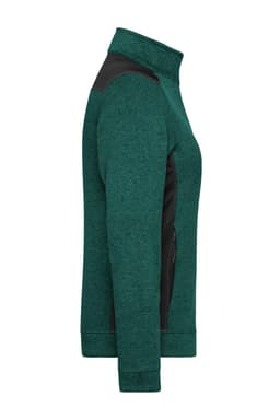 A green ladies knitted workwear fleece jacket with black accents, featuring a side zip pocket and a logo.