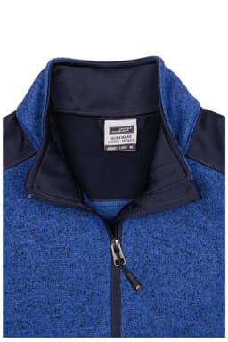 A blue ladies knitted workwear fleece jacket with a navy collar and a zip. It features a logo on the chest area.