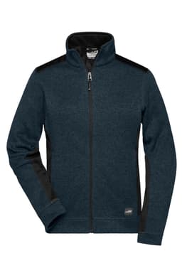 A knitted polar fleece jacket in navy with black accents, featuring a zip front and a logo on the hem.