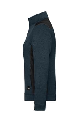 A teal knitted fleece jacket with black panels, featuring a zippered pocket and a logo.
