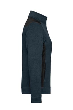 A ladies' knitted workwear fleece jacket in navy blue with black accents and zippered pockets.