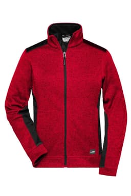 A red and black ladies' knitted workwear fleece jacket with a zip front and high collar. Features a logo on the hem.