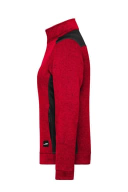 A red and black ladies' knitted workwear fleece jacket with a high collar and zippered pockets.