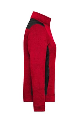 A red and black ladies' knitted workwear fleece jacket in a side view, featuring a zippered design and a collar.