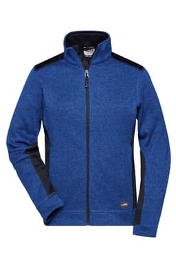A blue knitted workwear fleece jacket with black accents and a zip-up front. Features a collar and a logo.