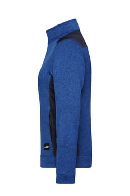 A blue knitted workwear fleece jacket with black detailing, featuring a zippered pocket and a logo.