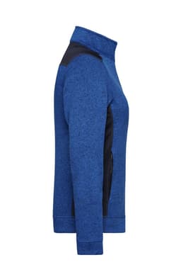 A blue ladies' knitted workwear fleece jacket with a high collar and zippered pockets, featuring a logo.