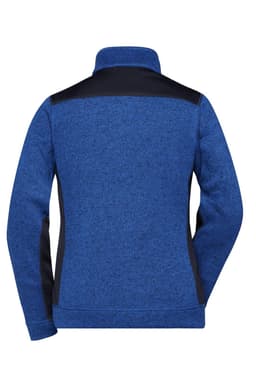 A blue knitted fleece jacket with black accents, featuring a high collar and a sleek back design.