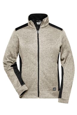 A ladies' knitted workwear fleece jacket in beige with black accents and a high collar. It features a zip front and logo.