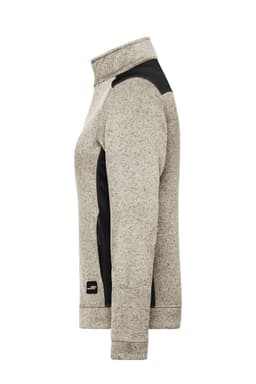 A grey ladies' knitted workwear fleece jacket with black accents and a logo on the side.
