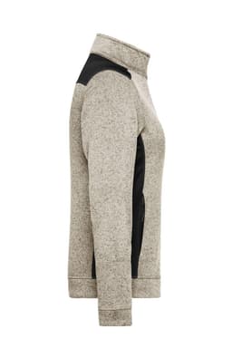 A ladies' polar fleece jacket in a light grey with black accents, featuring a high collar and zippered pockets.