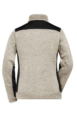 A fleece jacket in light grey with black accents, featuring a high collar and a fitted design, has a logo on the back.