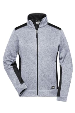 A grey knitted fleece jacket with black accents and a full zip, featuring a logo on the front.