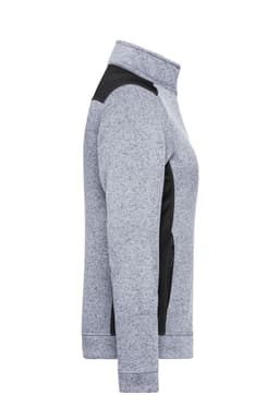 A grey ladies' knitted workwear fleece jacket with black accents and a zippered pocket, featuring a logo.