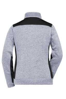 A grey knitted fleece jacket with black panels on the shoulders and sides, featuring a collar and a logo.