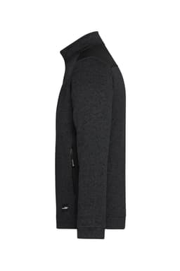 A men's knitted workwear fleece jacket in black with a zip pocket and contrasting shoulder panels. Features a logo.