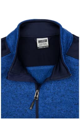 A blue knitted workwear fleece jacket featuring a high collar and a zip. It has contrasting navy panels and a logo.