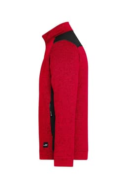 A red knitted fleece jacket with black accents and a logo on the side.