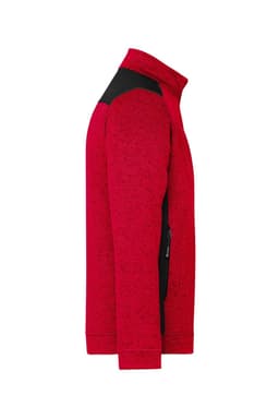 A red knitted workwear fleece jacket featuring a black panel, showcasing a side view with a zippered pocket.