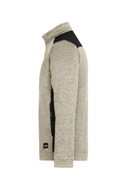 A grey and black men's knitted workwear fleece jacket with a high collar and side pockets. Features a logo on the sleeve.