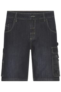 Denim bermuda shorts in dark blue with multiple pockets and a sleek design. Features a front button and branding logo.
