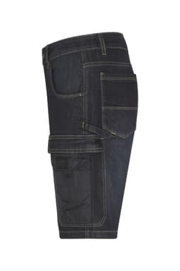 A pair of dark blue stretch Bermuda jeans with a cargo pocket on the side and visible stitching details.