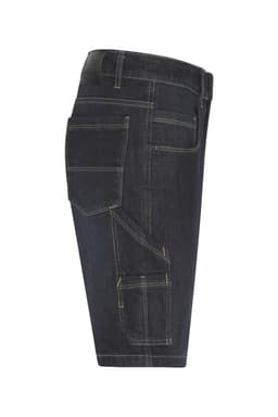A pair of dark blue stretch Bermuda jeans with multiple pockets and visible stitching details.