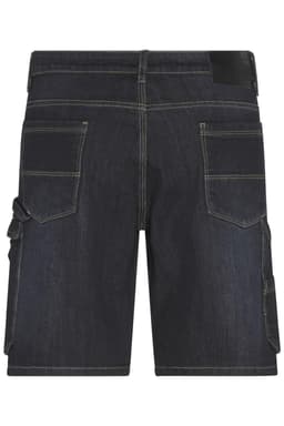 Dark blue work shorts featuring multiple pockets and a logo, designed for flexibility and durability.