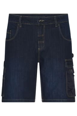Workwear Stretch Bermuda Jeans in dark denim featuring pockets and a logo. Suitable for workwear.