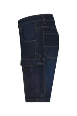 A pair of dark blue denim Bermuda jeans with multiple pockets and contrasting stitching. Features a logo on the back.