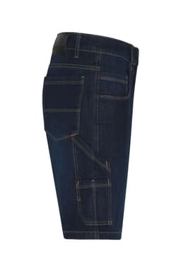 Workwear Stretch Bermuda Jeans in dark blue denim, featuring multiple pockets and a logo on the waistband.